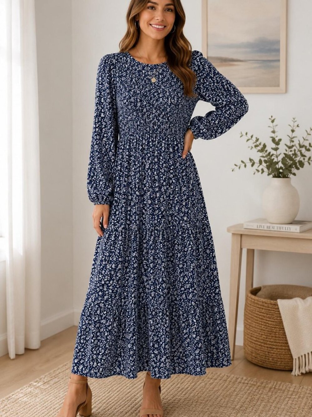 Thirty Garden Women's XXL Blue White Floral Long Sleeve Maxi Dress Boho